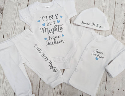 Personalised Preemie Coming Home Outfit Tiny But Mighty Premature Baby Newborn Gift Hat Bodysuit Top Trousers Set 3-5lb White Cotton