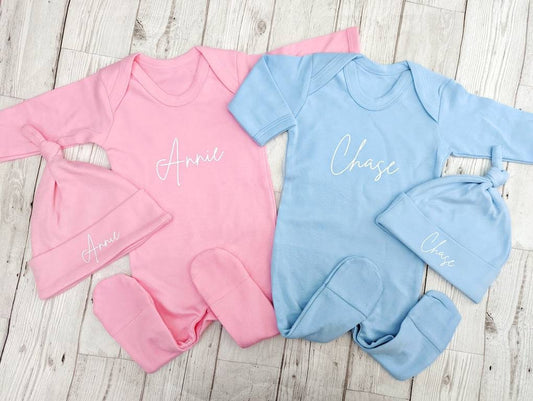 Personalised New Baby Sleepsuit and Hat Set Gift Name Romper Newborn Coming Home Outfit Set I'm Here Welcome World Cotton Baby Clothing