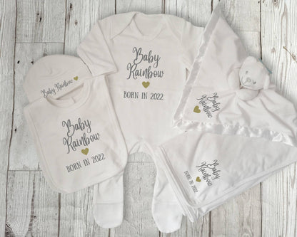 Personalised New Baby Gift Set Coming Home Outfit Newborn Clothing Hamper Comforter Blanket Baby Boy Girl Unisex Baby Shower Present