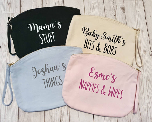 Personalised Nappies and Wipes Organic Cotton Pouch Zip Up Changing Bag Stuff Gift New Mum To be Unique Present Maternity Leave Baby Shower