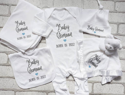 Personalised New Baby Gift Set Coming Home Outfit Newborn Clothing Hamper Comforter Blanket Baby Boy Girl Unisex Baby Shower Present