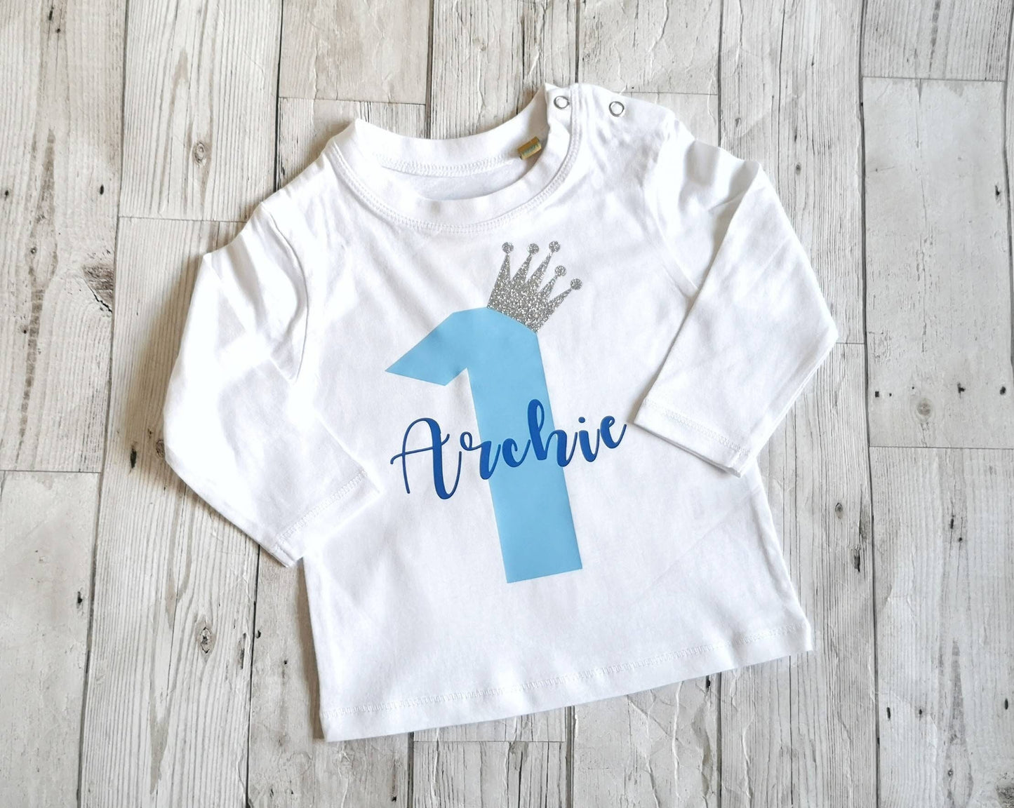 Personalised First Birthday T Shirt Long Sleeve Top One Today Name Nickname Boy Blue Gift Glitter Crown Number Text Colour Choice Cake Smash
