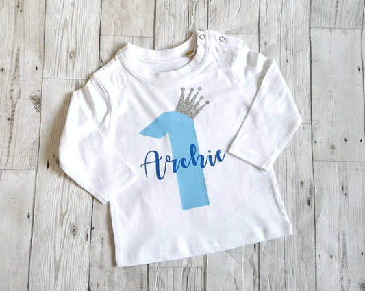 Personalised First Birthday T Shirt Long Sleeve Top One Today Name Nickname Boy Blue Gift Glitter Crown Number Text Colour Choice Cake Smash