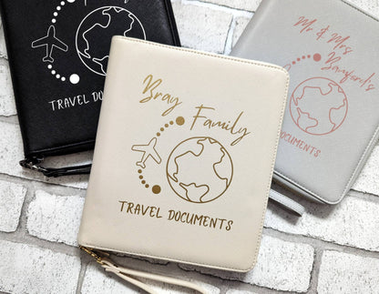 Personalised Travel Documents Holder Passport Wallet Organiser Family Holiday Folder Vacation Customised Faux Leather Couple Travel Papers