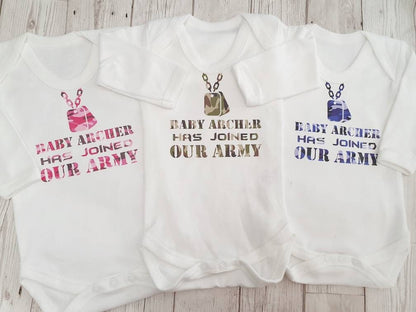 Personalised Camouflage New Baby First Outfit Just Joined Our Army Unisex Vest Boy Girl Gift Coming Home Romper Suit Newborn Cotton