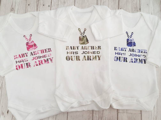 Personalised Camouflage New Baby First Outfit Just Joined Our Army Unisex Vest Boy Girl Gift Coming Home Romper Suit Newborn Cotton