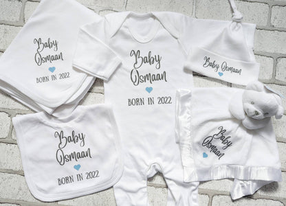 Personalised New Baby Gift Set Coming Home Outfit Newborn Clothing Hamper Comforter Blanket Baby Boy Girl Unisex Baby Shower Present