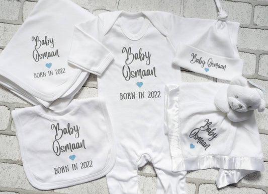 Personalised New Baby Gift Set Coming Home Outfit Newborn Clothing Hamper Comforter Blanket Baby Boy Girl Unisex Baby Shower Present