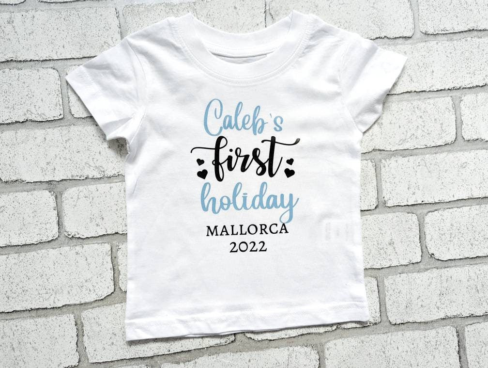 Personalised First Holiday T Shirt My 1st Trip Top Name Date Girl's Boys Cotton Tee Flight Vacation Choice Baby Kids Child Going Away Plane