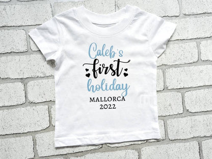 Personalised First Holiday T Shirt My 1st Trip Top Name Date Girl's Boys Cotton Tee Flight Vacation Choice Baby Kids Child Going Away Plane