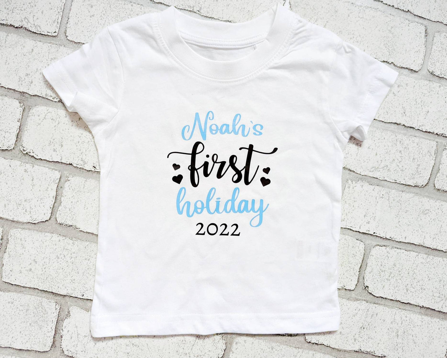 Personalised First Holiday T Shirt My 1st Trip Top Name Date Girl's Boys Cotton Tee Flight Vacation Choice Baby Kids Child Going Away Plane