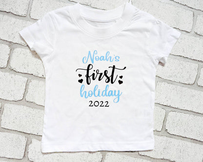 Personalised First Holiday T Shirt My 1st Trip Top Name Date Girl's Boys Cotton Tee Flight Vacation Choice Baby Kids Child Going Away Plane