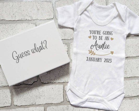 Personalised Pregnancy Announcement You're going to be an Auntie Bodysuit in Box Baby Gift New Parents Baby Coming Soon Open Me Keepsake Box