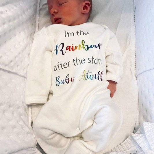 Personalised Newborn Outfit Rainbow After The Storm New Baby Surname Sleepsuit Hat Set Gift Unisex Coming Home Romper Bodysuit