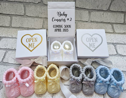 Personalised Pregnancy Announcement Gift Boxed Baby Booties You're going to be Parents Daddy Mummy Grandparents Any Name Any Text Surrogacy
