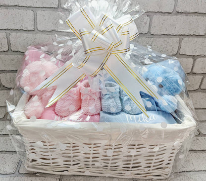 Personalised Twin Baby Gift Set Basket Box Blanket Hat Teddy Bear Booties Newborn Custom Baby Shower Present Mum To Be Pink Blue Hamper