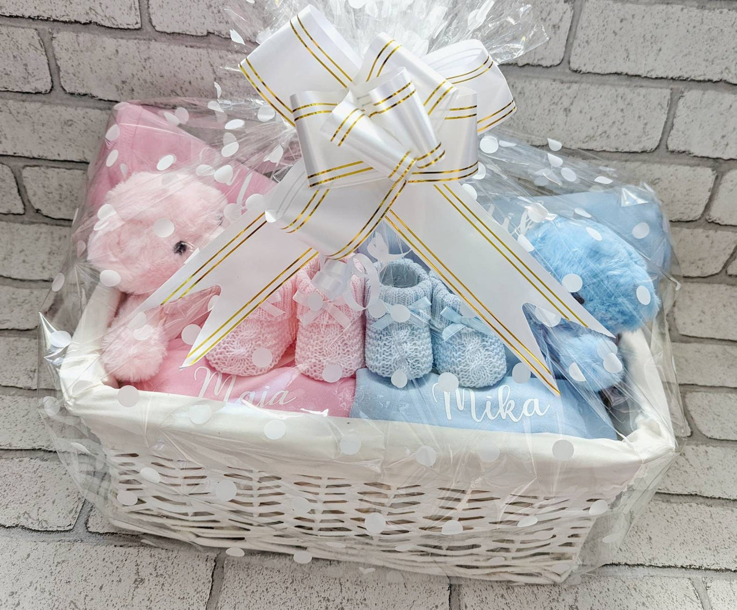 Personalised Twin Baby Gift Set Basket Box Blanket Hat Teddy Bear Booties Newborn Custom Baby Shower Present Mum To Be Pink Blue Hamper