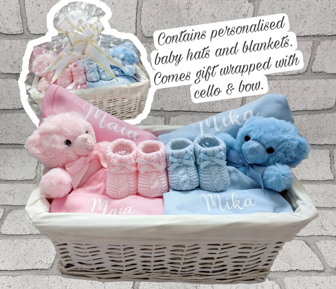 Personalised Twin Baby Gift Set Basket Box Blanket Hat Teddy Bear Booties Newborn Custom Baby Shower Present Mum To Be Pink Blue Hamper