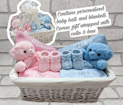 Personalised Twin Baby Gift Set Basket Box Blanket Hat Teddy Bear Booties Newborn Custom Baby Shower Present Mum To Be Pink Blue Hamper