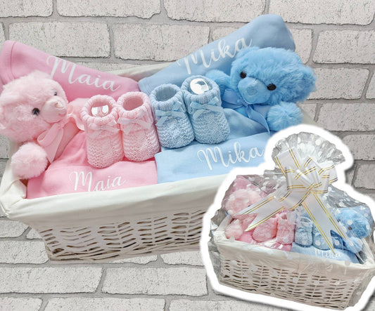 Personalised Twin Baby Gift Set Basket Box Blanket Hat Teddy Bear Booties Newborn Custom Baby Shower Present Mum To Be Pink Blue Hamper