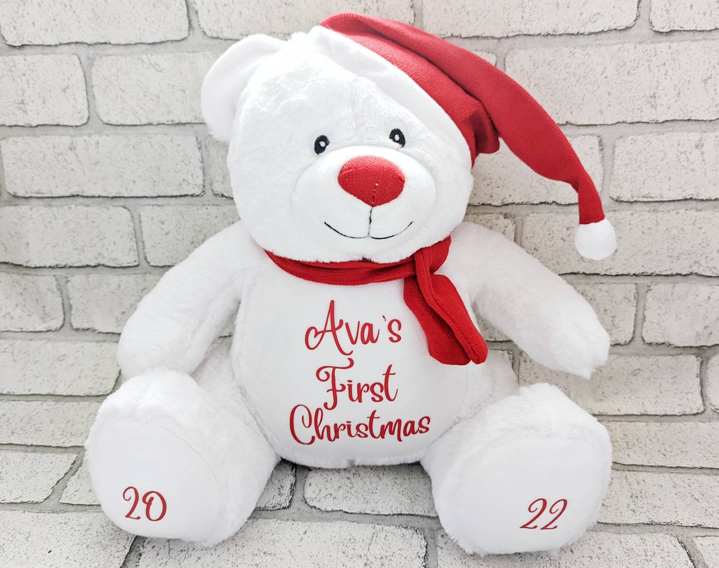 Personalised Christmas Teddy Bear Santa Soft Toy CE Tested First Xmas Gift Baby Child Present Festive Plush 40cm Choice Text Colour