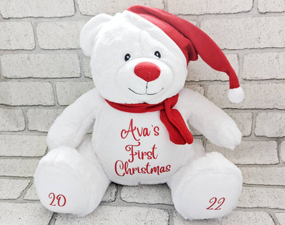 Personalised Christmas Teddy Bear Santa Soft Toy CE Tested First Xmas Gift Baby Child Present Festive Plush 40cm Choice Text Colour