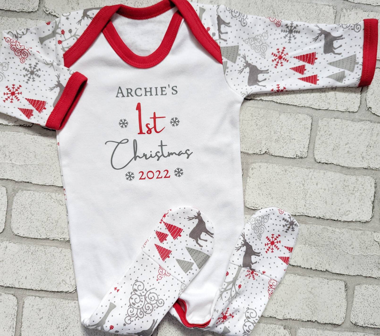 Personalised Baby's First Christmas Sleepsuit My 1st Xmas Gift New Baby Cotton Baby's First Christmas Outfit Red Grey Reindeer or Snowman