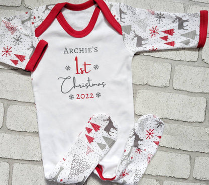 Personalised Baby's First Christmas Sleepsuit My 1st Xmas Gift New Baby Cotton Baby's First Christmas Outfit Red Grey Reindeer or Snowman
