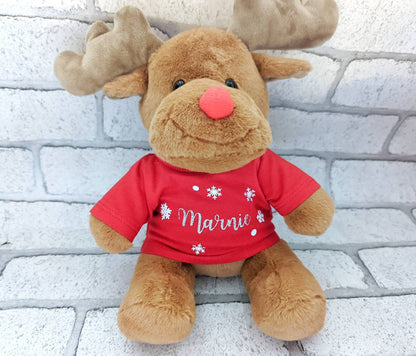Reindeer Personalised Soft Toy CE Tested Christmas Tshirt Name Rudolff Plush Gift Merry Xmas Child Cuddly Teddy Stocking Filler 30cm