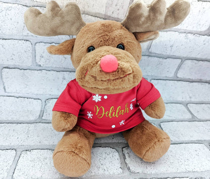 Reindeer Personalised Soft Toy CE Tested Christmas Tshirt Name Rudolff Plush Gift Merry Xmas Child Cuddly Teddy Stocking Filler 30cm