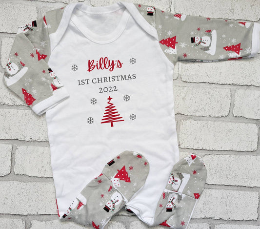 Personalised Baby First Christmas Sleepsuit My 1st Xmas Gift New Baby Cotton Baby's First Christmas Outfit Red Grey Snowman