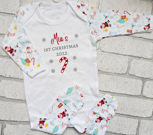 Personalised Baby First Christmas Sleepsuit My 1st Xmas Gift New Baby Cotton Baby's First Christmas Outfit Festive Candy Cane