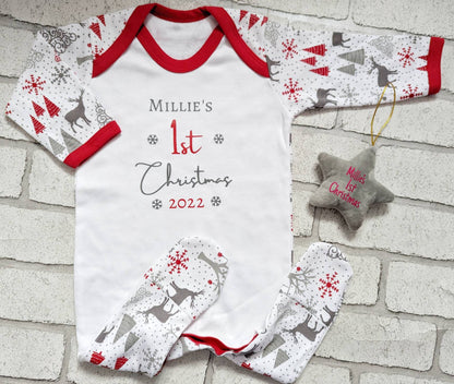 Personalised Baby's First Christmas Sleepsuit Hanging Star Decoration Set My 1st Xmas Gift New Baby Cotton