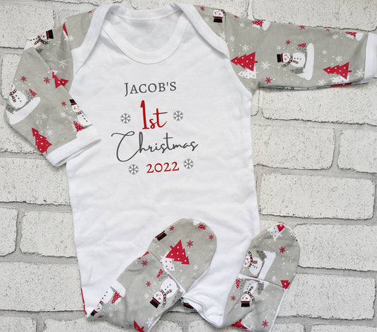 Personalised Baby's First Christmas Sleepsuit My 1st Xmas Gift New Baby Cotton Baby's First Christmas Outfit Grey Snowman