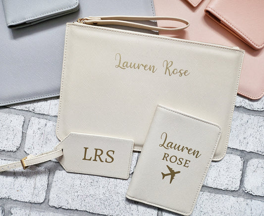Personalised Travel Set Passport Cover Luggage Tag and Clutch Bag Custom Pouch Name Initial Faux Safffiano Leather Gift For Her Bride