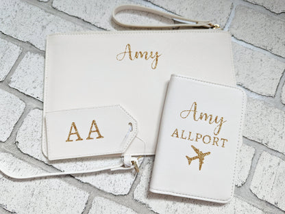 Personalised Travel Set Passport Cover Luggage Tag and Clutch Bag Custom Pouch Name Initial Faux Safffiano Leather Gift For Her Bride