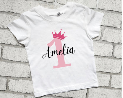 Personalised 1st Birthday T Shirt First Birthday Top Name Glitter Crown Boy Girl I am One Today Cotton Top