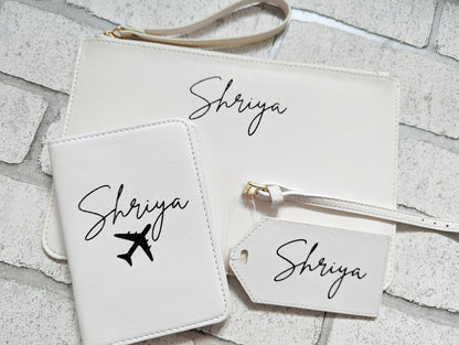 Personalised Travel Set Passport Cover Luggage Tag and Clutch Bag Custom Pouch Name Initial Faux Safffiano Leather Gift For Her Bride