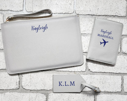 Personalised Travel Set Passport Cover Luggage Tag and Clutch Bag Custom Pouch Name Initial Faux Safffiano Leather Gift For Her Bride