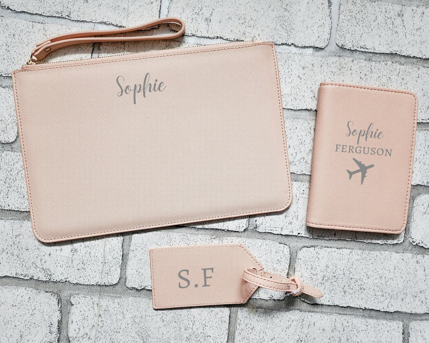 Personalised Travel Set Passport Cover Luggage Tag and Clutch Bag Custom Pouch Name Initial Faux Safffiano Leather Gift For Her Bride
