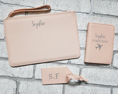 Personalised Travel Set Passport Cover Luggage Tag and Clutch Bag Custom Pouch Name Initial Faux Safffiano Leather Gift For Her Bride