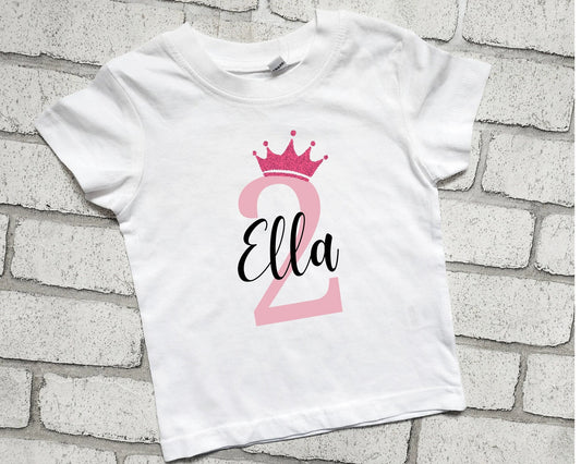 Personalised 2nd Birthday T Shirt Second Birthday Top Name Glitter Crown Boy Girl I am Two Today Cotton Top