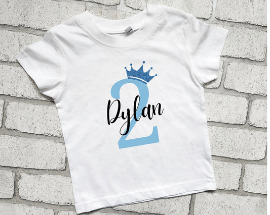 Personalised Birthday T Shirt Birthday Top Name Glitter Crown Boy Girl Cotton Top