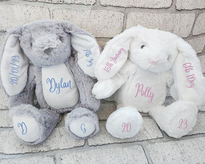 Personalised Bunny Rabbit Cuddly Toy New Baby Gift Soft Plush Grey Cream White Custom Newborn Present Children's Girl Boy Easter