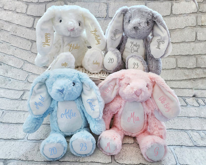 Personalised Bunny Rabbit Cuddly Toy New Baby Gift Soft Plush Grey Cream White Custom Newborn Present Children's Girl Boy Easter