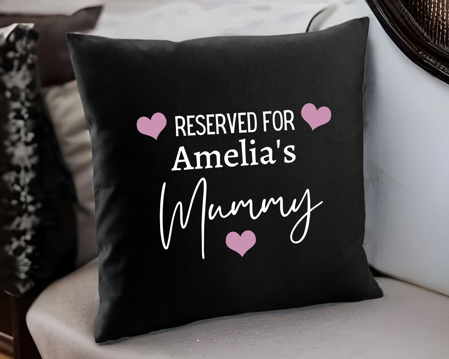 Personalised Reserved For Mummy Cushion Mother's Day Gift Black Fairtrade Cotton Cushion Cover and Insert