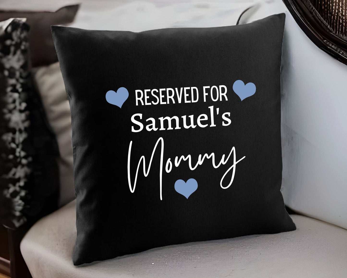 Personalised Reserved For Mummy Cushion Mother's Day Gift Black Fairtrade Cotton Cushion Cover and Insert