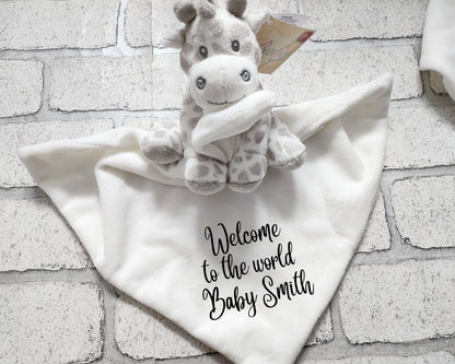 Personalised Baby Gift Giraffe Zebra Comforter Soft Toy Neutral Boy Girl Newborn Present Blanket Blankie Animal Birth Maternity Christening