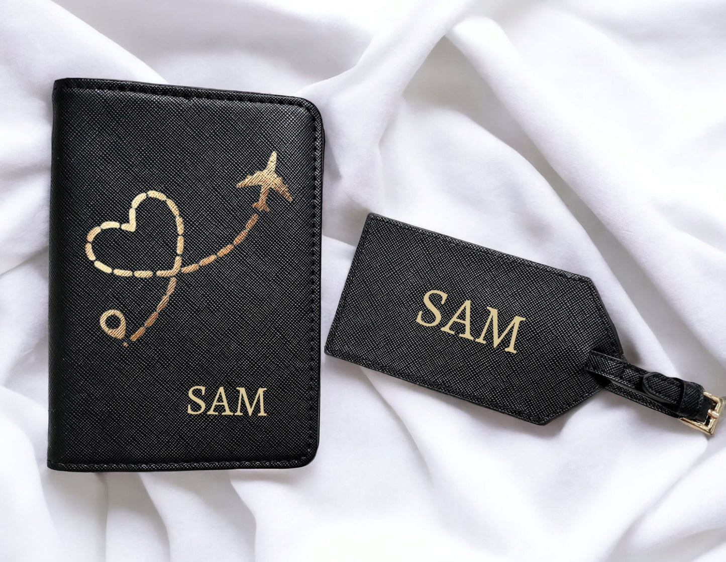 Personalised Passport Cover Luggage Tag Travel Case Initial Faux Leather Cream Any Name or Monogram Text Colour Choice Plane Image Adventure