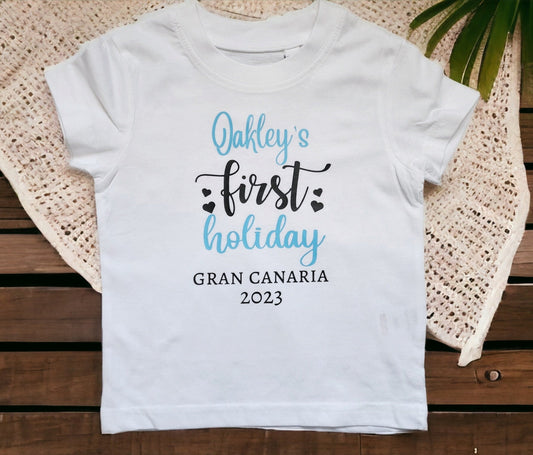 Personalised First Holiday T Shirt My 1st Trip Top Name Date Girl's Boys Cotton Tee Flight Vacation Choice Baby Kids Child Going Away Plane